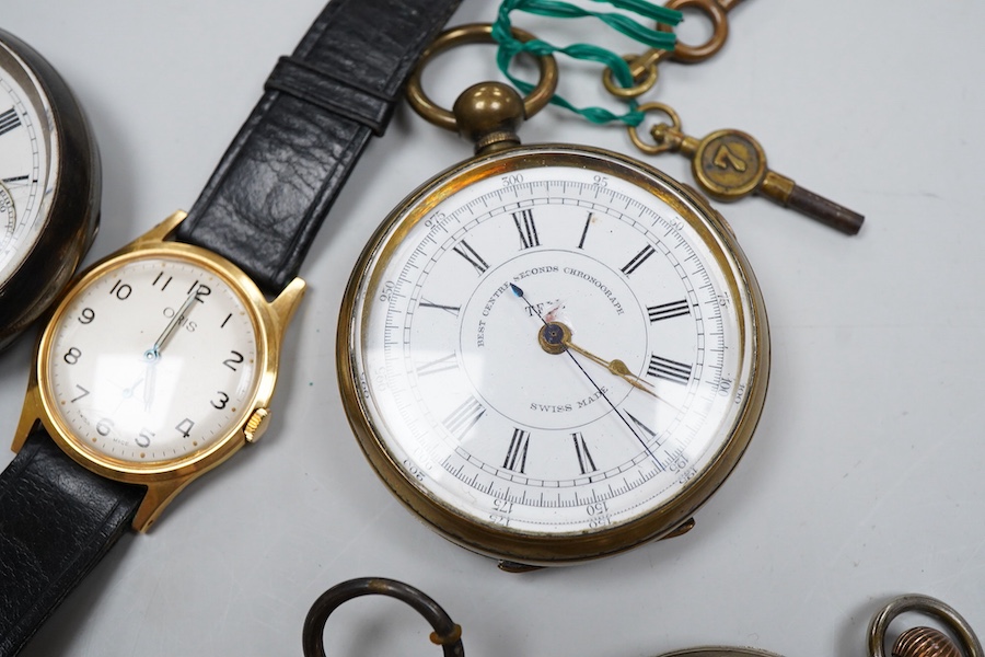 Four assorted silver or white metal open faced pocket watches including Waltham, a brass cased chronograph pocket watch, an Oris steel and gold plated wrist watch and various watch keys.